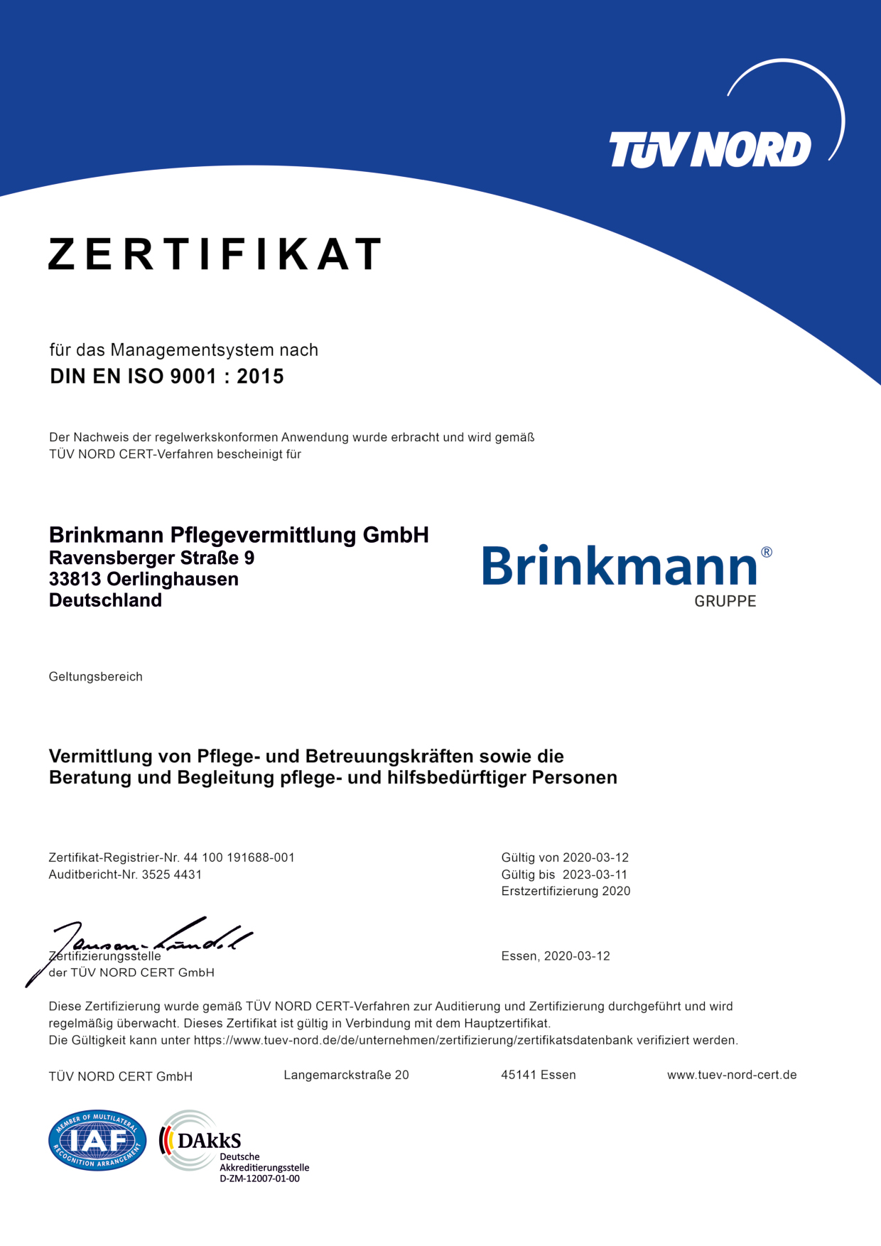 TÜV Zertifikat für Brinkmann Pflegevermitllung