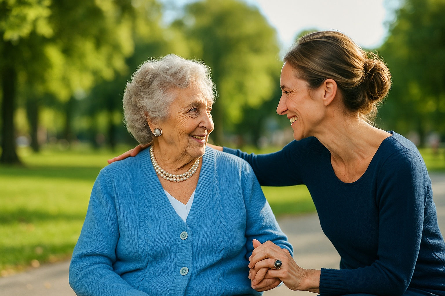 Betreuungskraft und Seniorin im Gespräch, Betreuung im Rhein-Kreis Neuss